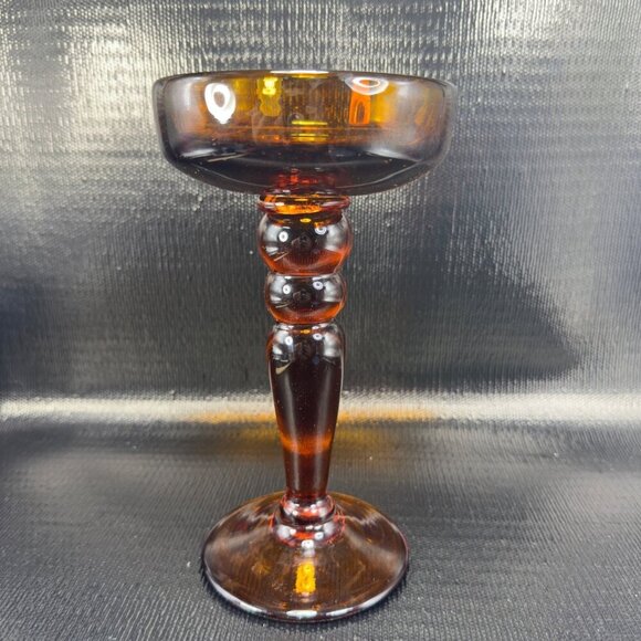 Vintage Mid Century Amber Glass Candle Holders Votive Pillar Heavy Glass Set 2 - Picture 11 of 14